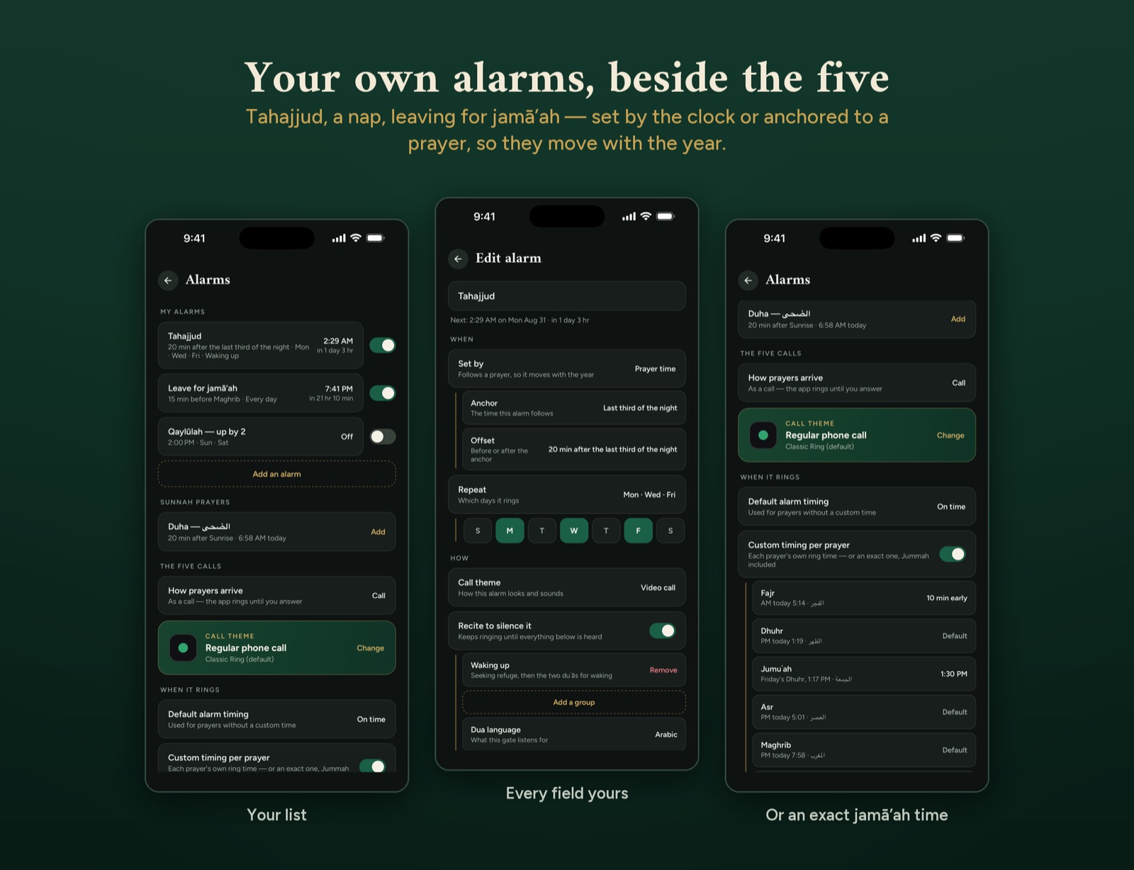 The custom alarms list, an alarm set to the last third of the night, and alarm timings for each prayer