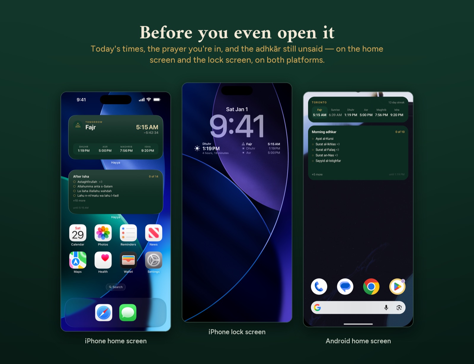 A Hayya widget on the iPhone home screen, the iPhone lock screen, and an Android home screen