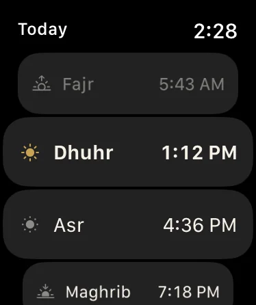 Hayya on Apple Watch listing today's prayers, with the current prayer marked